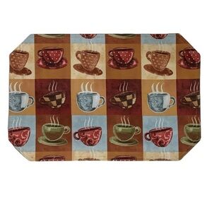 Coffee Time Placemats Printed Lined  Reversible Retro Block Pattern Set of 4